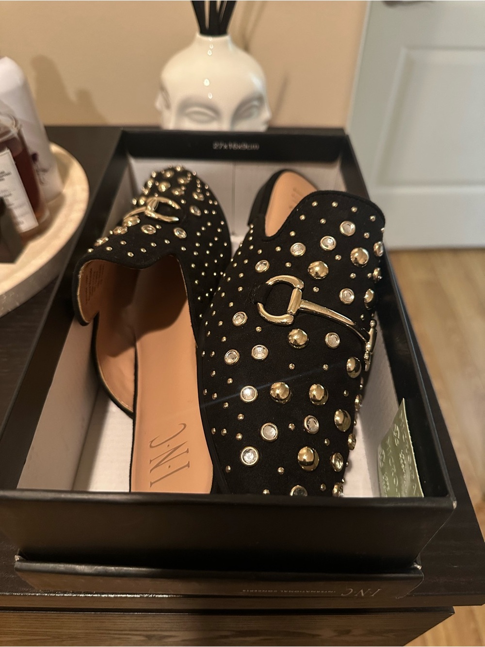 INC International Concepts Black Studded Slip-On Mules with Gold Accents